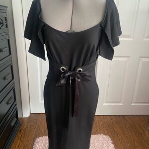 VENUS Black Midi Dress with Ribbon Accent